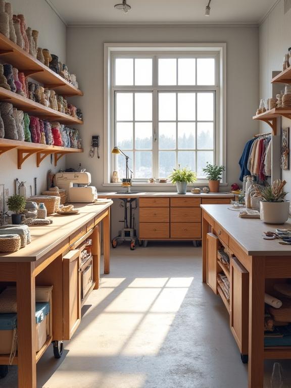 A bright, organized upholstery workshop in Bend.