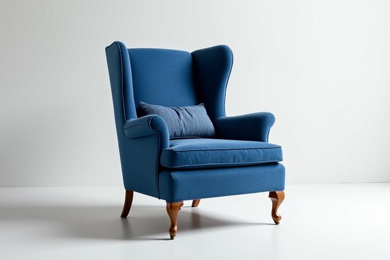 The same vintage armchair, beautifully reupholstered in modern blue fabric.