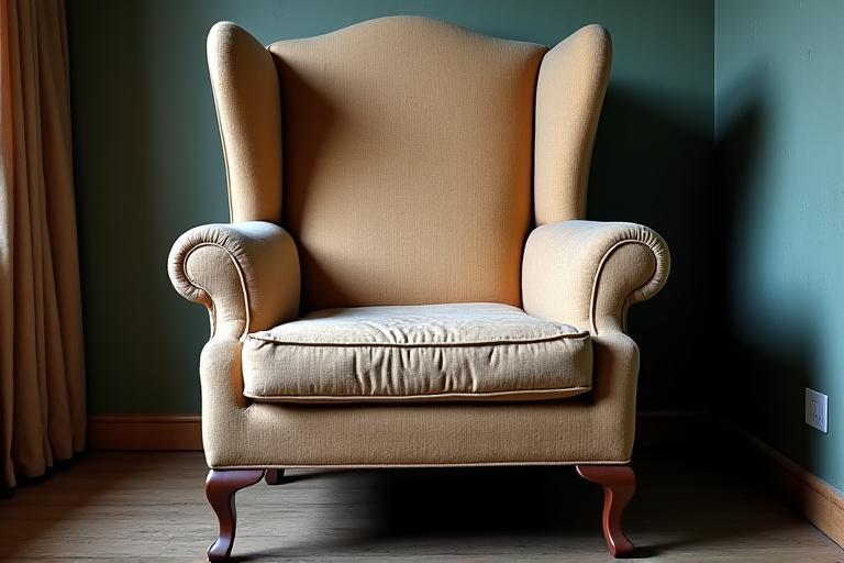 A worn-out vintage armchair with faded fabric.