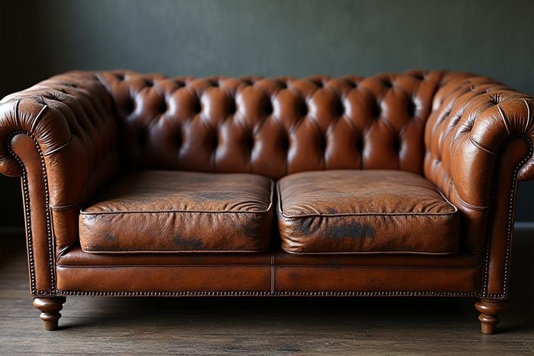 An old leather sofa with cracks and tears.