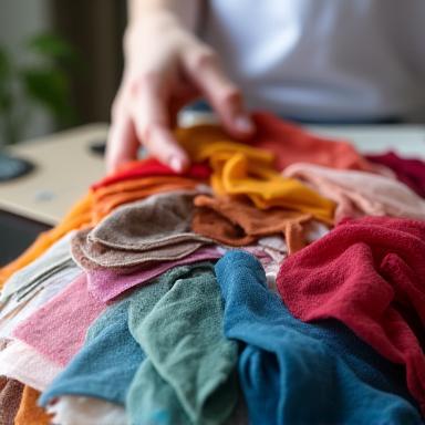 A hand browsing through a book of colorful fabric swatches.